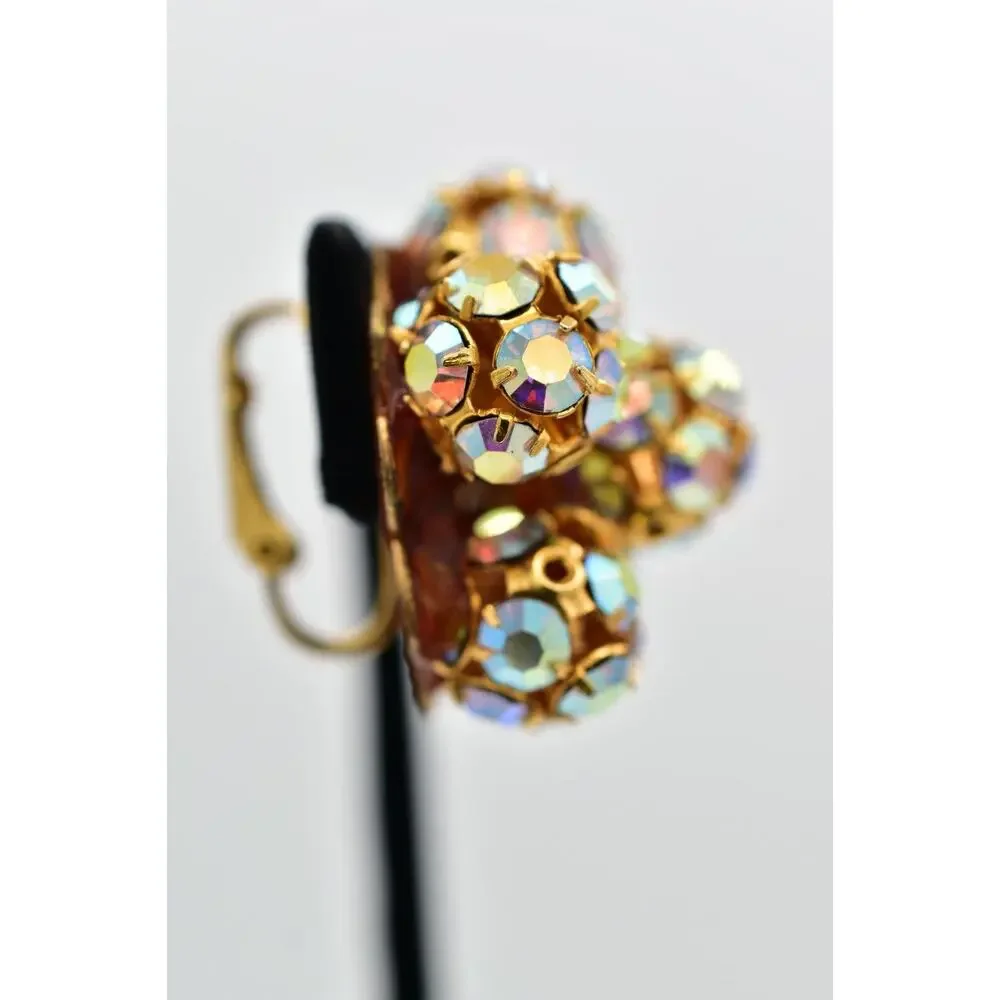 Vintage Crystal Clip On Earrings Aurora Borealis Prong Ball Flower 1950s BinBK